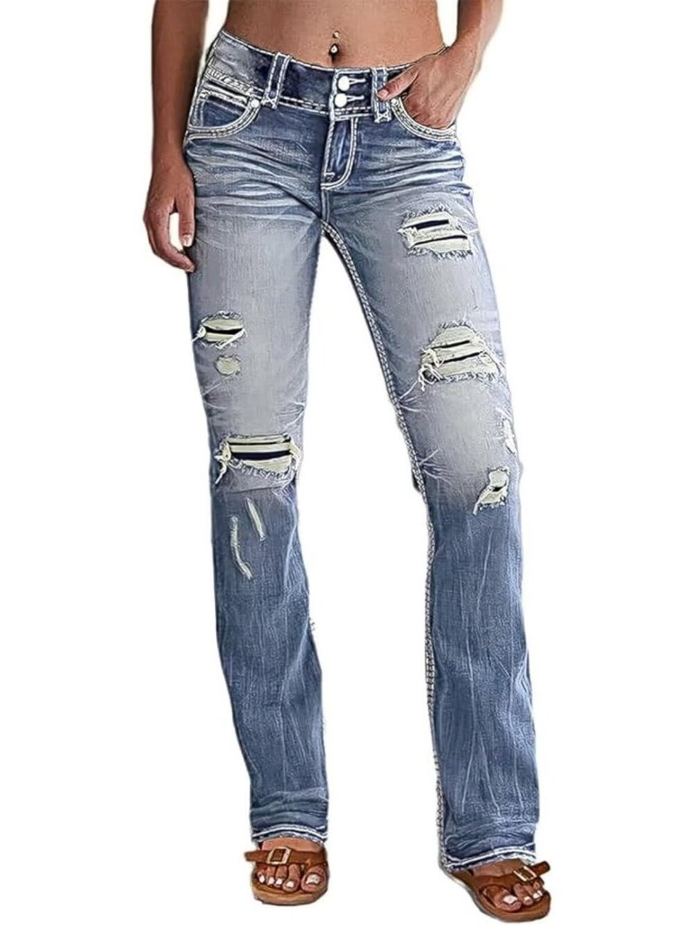 Flamingals Distressed Bootcut Low Rise Jeans Ripped Flare Jeans for Women